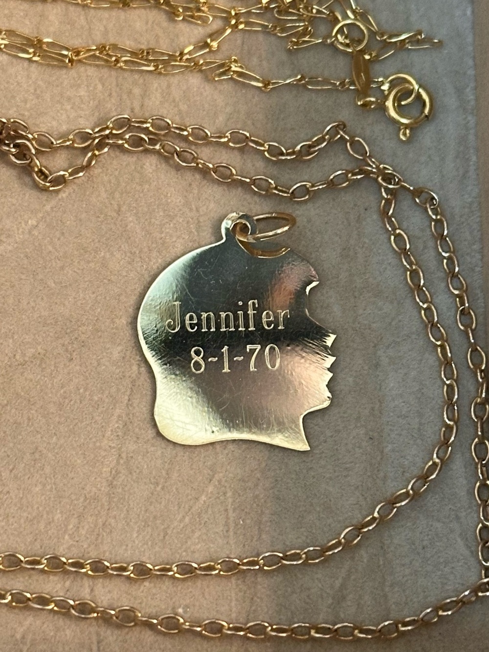 10k Solid Gold Silhouette Pendant Engraved "Jennifer 8-1-70" Charm for Necklace